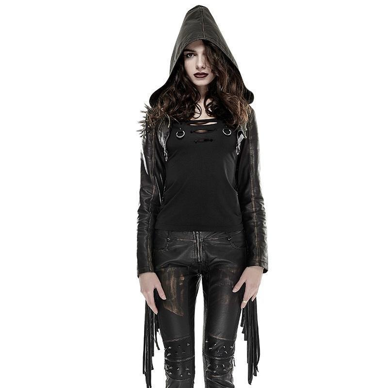 black faux leather hooded jacket