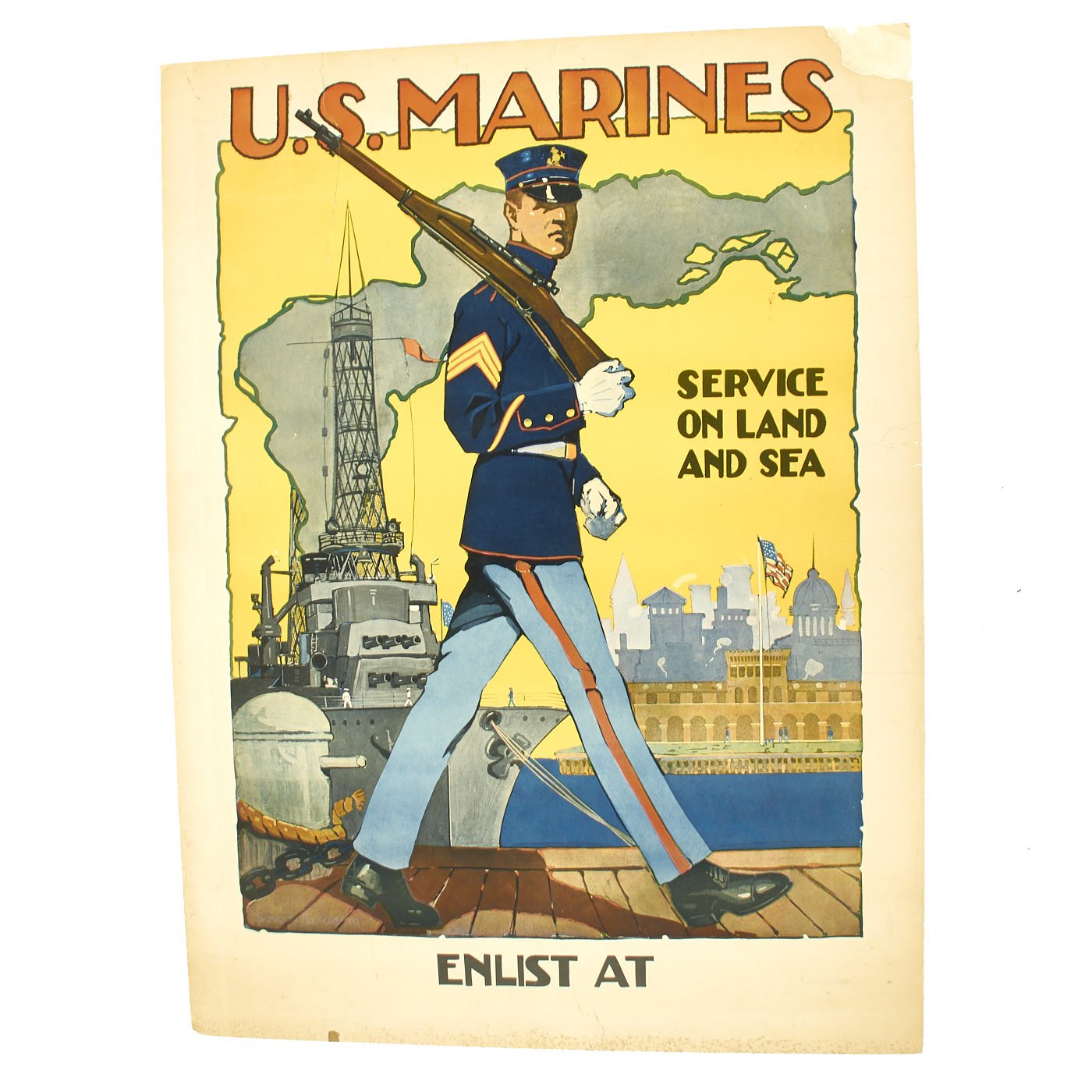 Original U.S. WWI Marine Enlistment Poster - Service on Land and Sea ...
