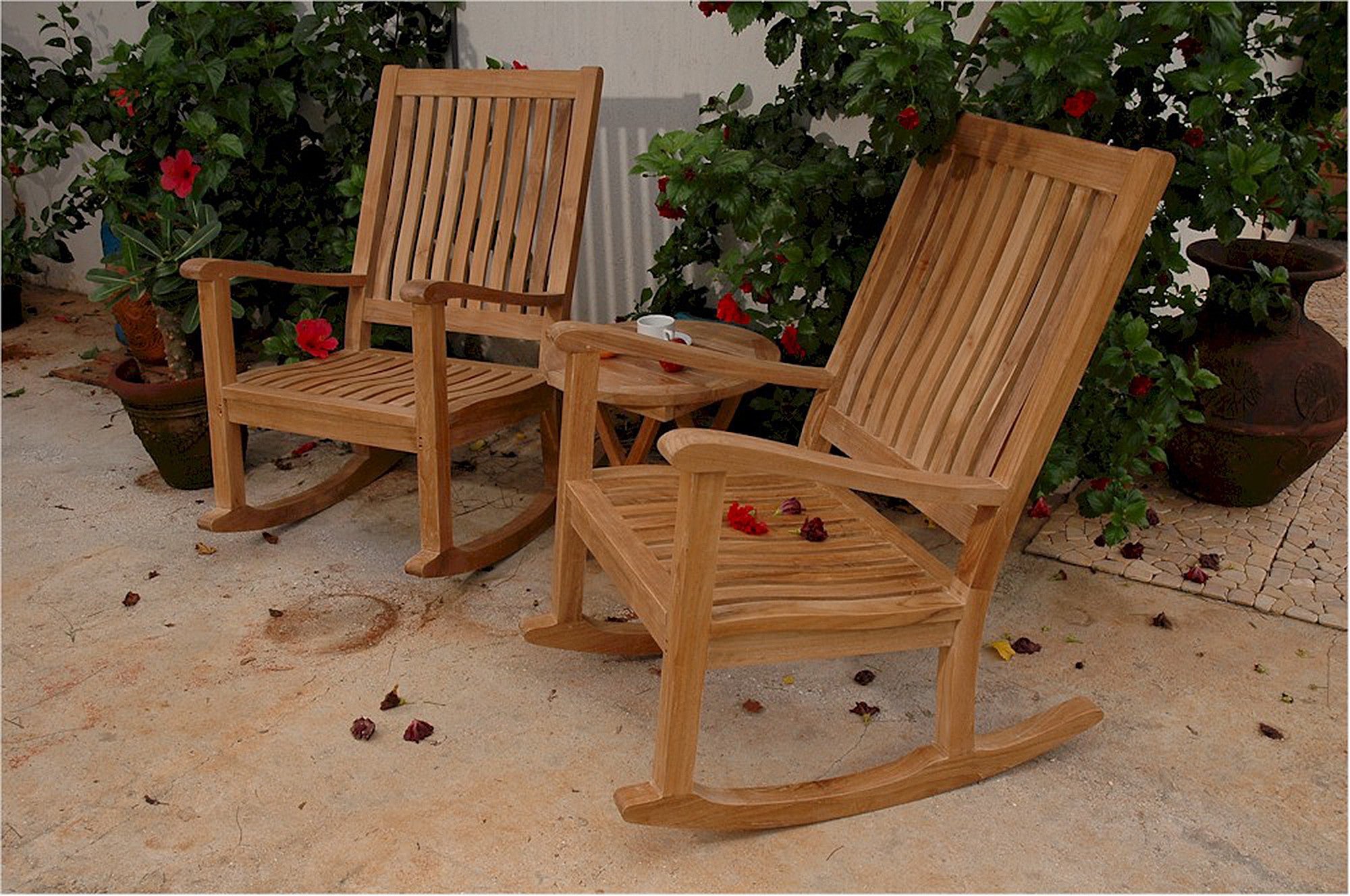 Outdoor Teak Wood Rocking Chair 3 Pc Set W Round Table Set 47 Teakwood Central