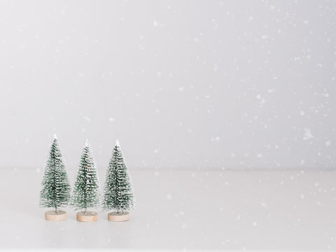drei Deko-Tannenbäume stehend links im Bild mit Schnee auf weißem Hintergrund
