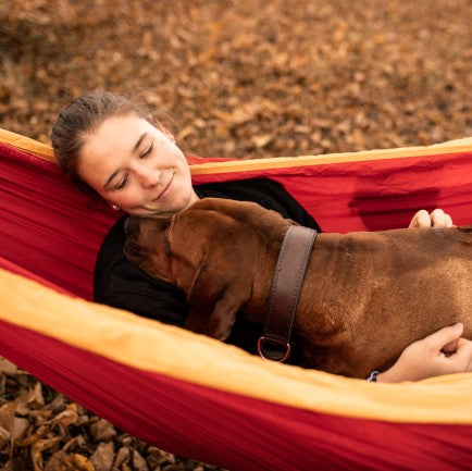 Sofia mit Hund in der Hängematte liegend