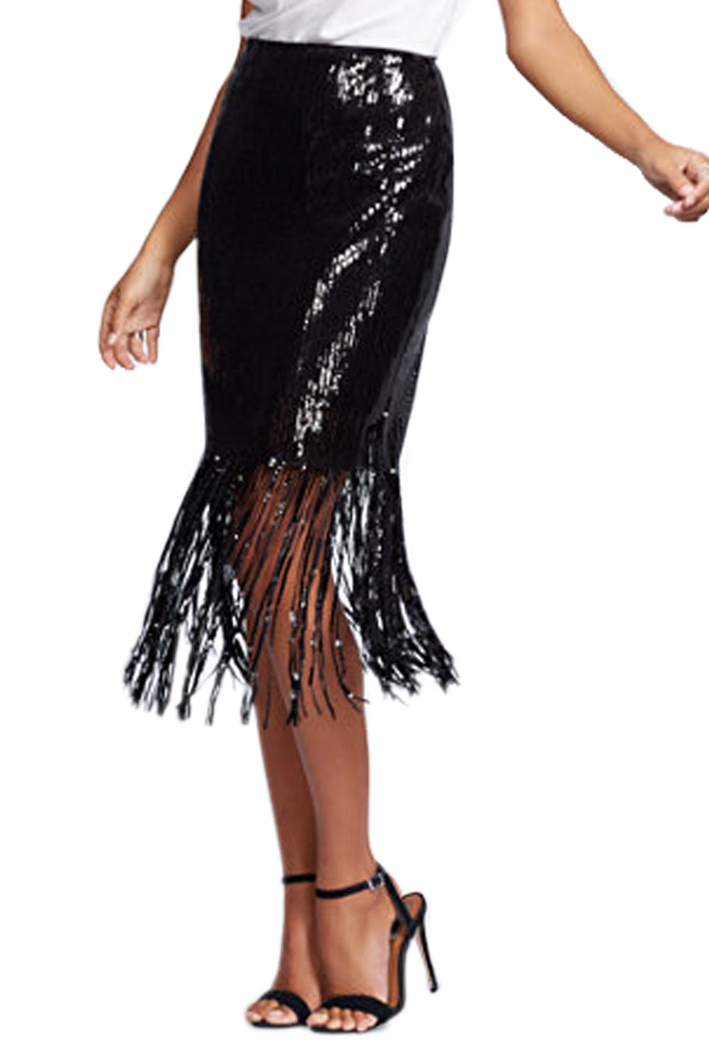 Buy Black Fringe Sequin Midi Skirt 