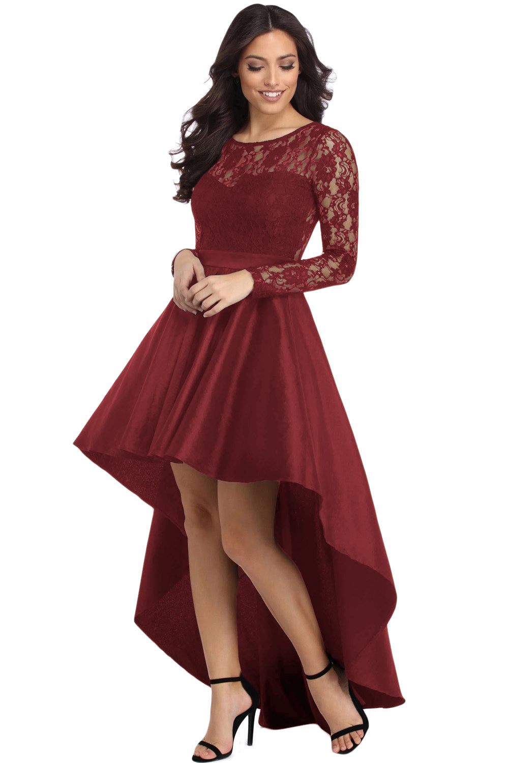 burgundy high low prom dresses