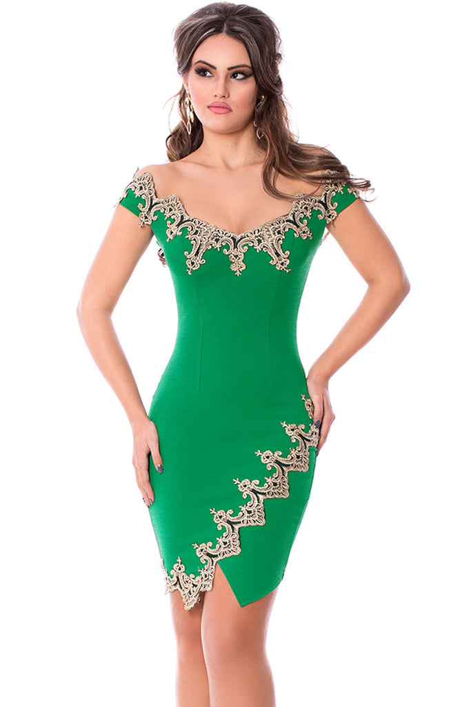 green and gold cocktail dress