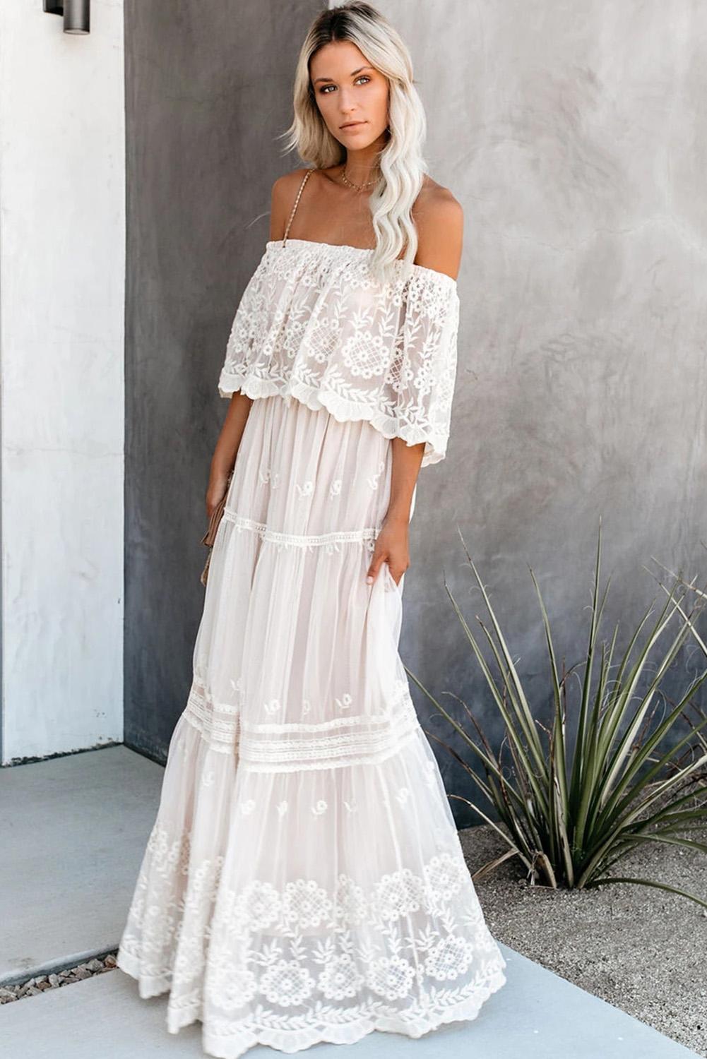 white off the shoulder lace maxi dress