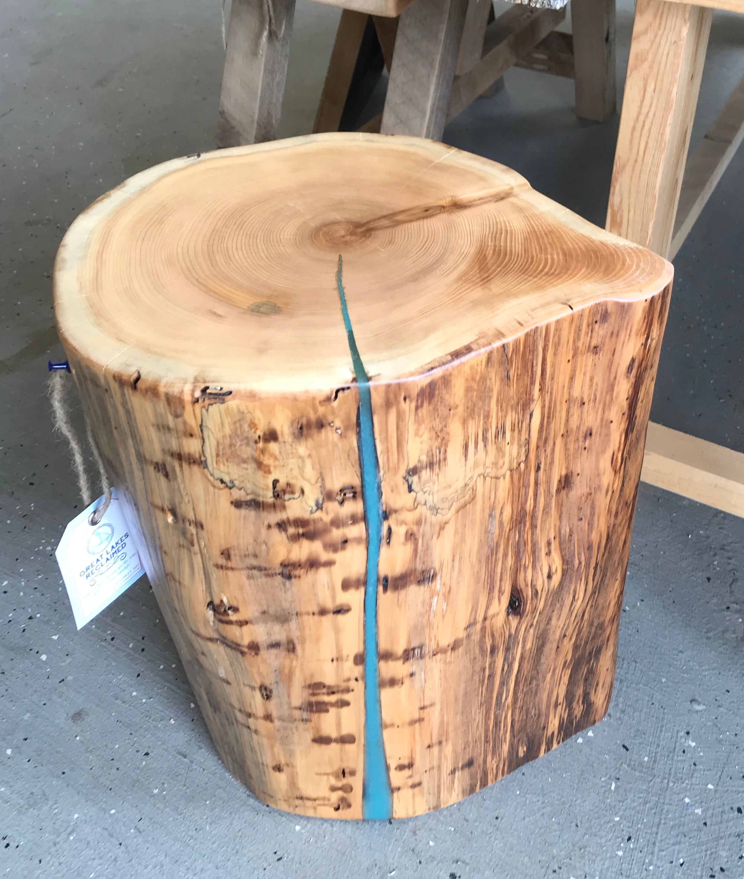 Cedar Stump End Table with Turqoise