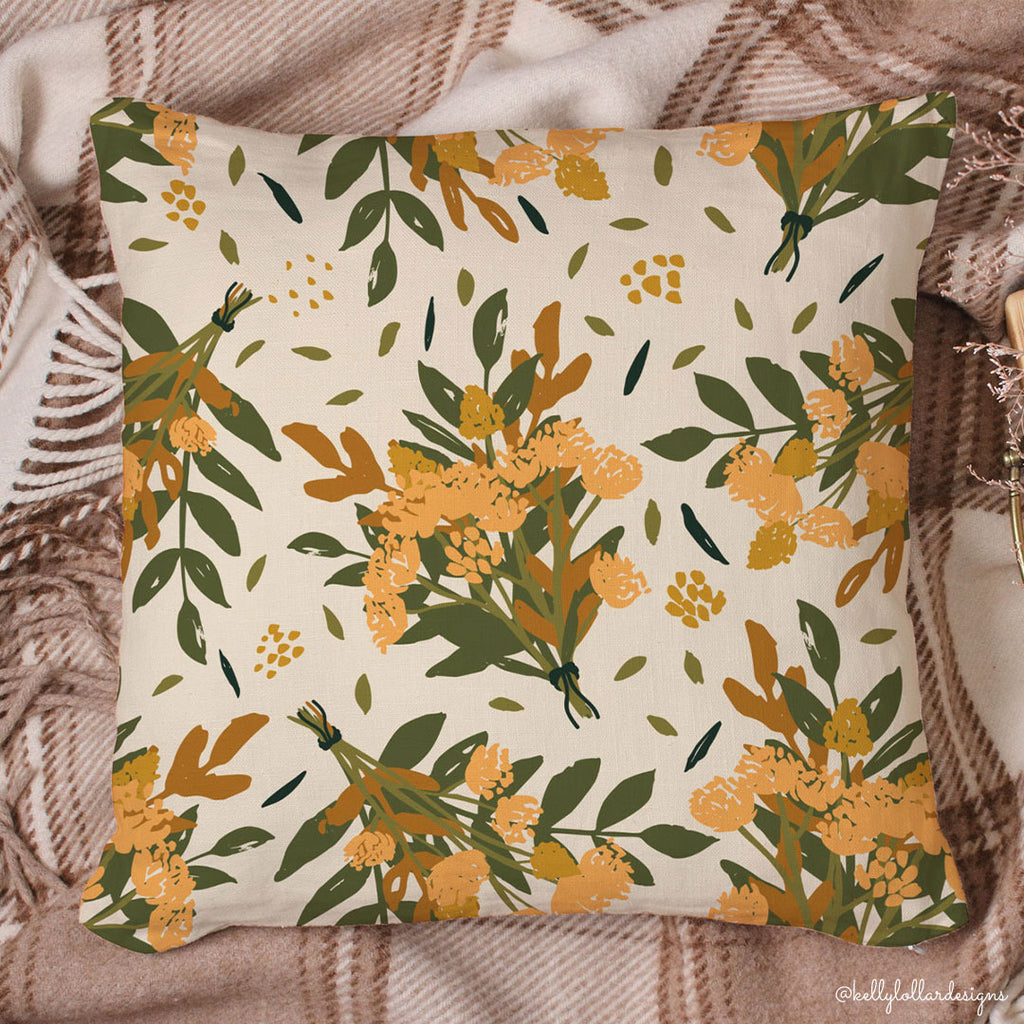 Backyard Bouquet Pattern in Golden on a Throw Pillow by Kelly Lollar