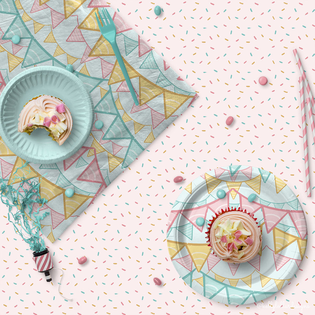 Sample Party Plates, Napkins and Table Cloth using the Little Baker Bear Collection by Kelly Lollar