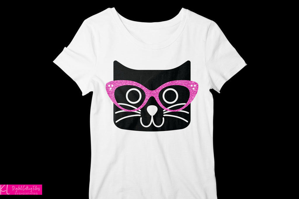 White women's shirt with the Cat with Glasses svg in black and hot pink glitter