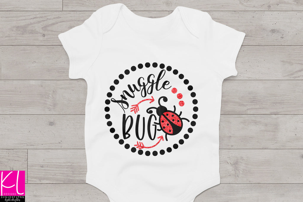 Super cute baby bodysuit for a girl with the Snuggle Bug svg cut file using red glitter