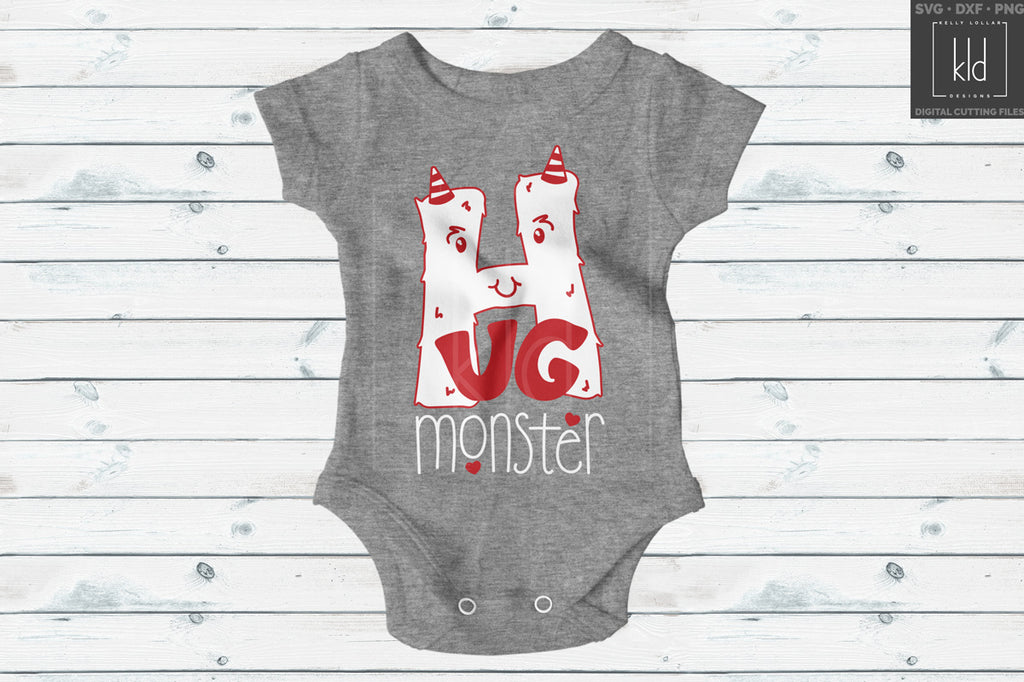 Grey baby bodysuit with the Hug Monster svg in red and white for Valentine's Day