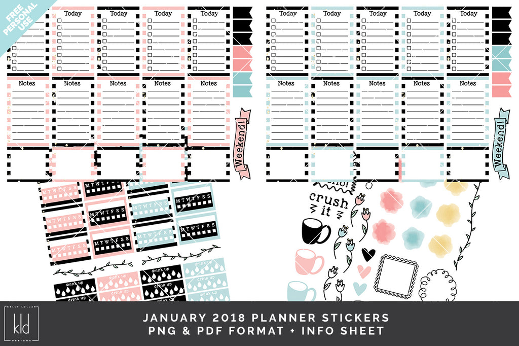January 2018 Print and Cut Planner Stickers - 2 sets of weekly, 1 sheet of habit trackers and a sheet of doodles - Free for Personal Use | Kelly Lollar Designs