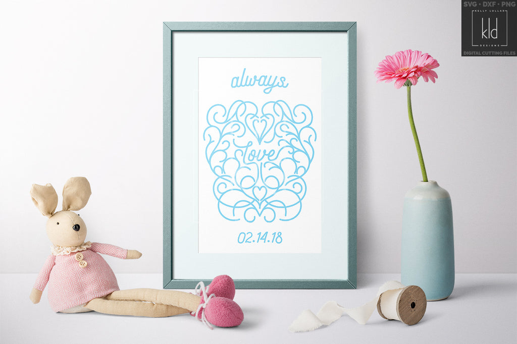 Anniversary Wall Art made using the Love svg cut file in light blue