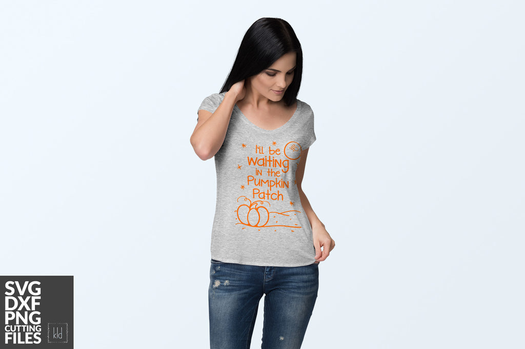 Grey long sleeve women's shirt with the I'll Be Waiting in the Pumpkin Patch svg in orange