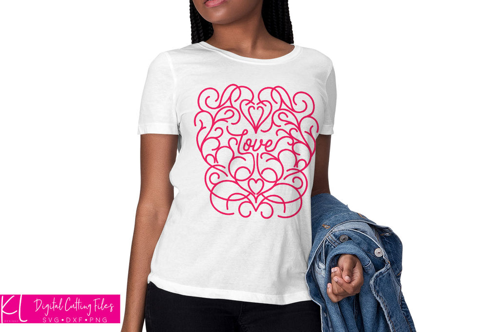 White women's shirt with the Scroll Work Love svg cut file in pink