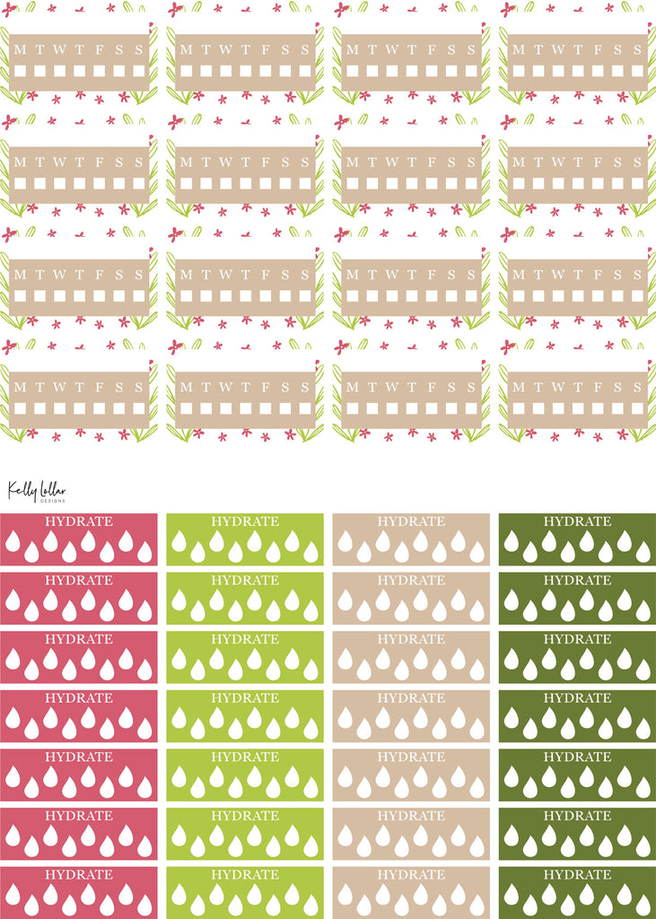 Print and Cut Planner Sticker page full of 1/2 blog habit trackers and 1/4 block hydration trackers