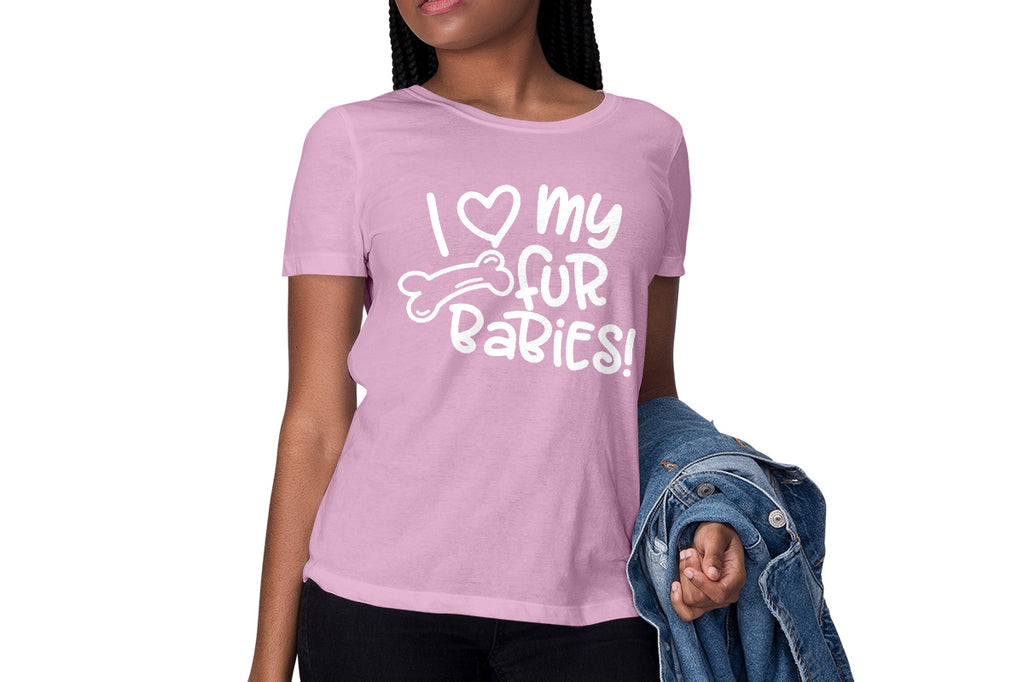 Women's pink shirt with the dog version of the I Love My Fur Babies svg cut file in white