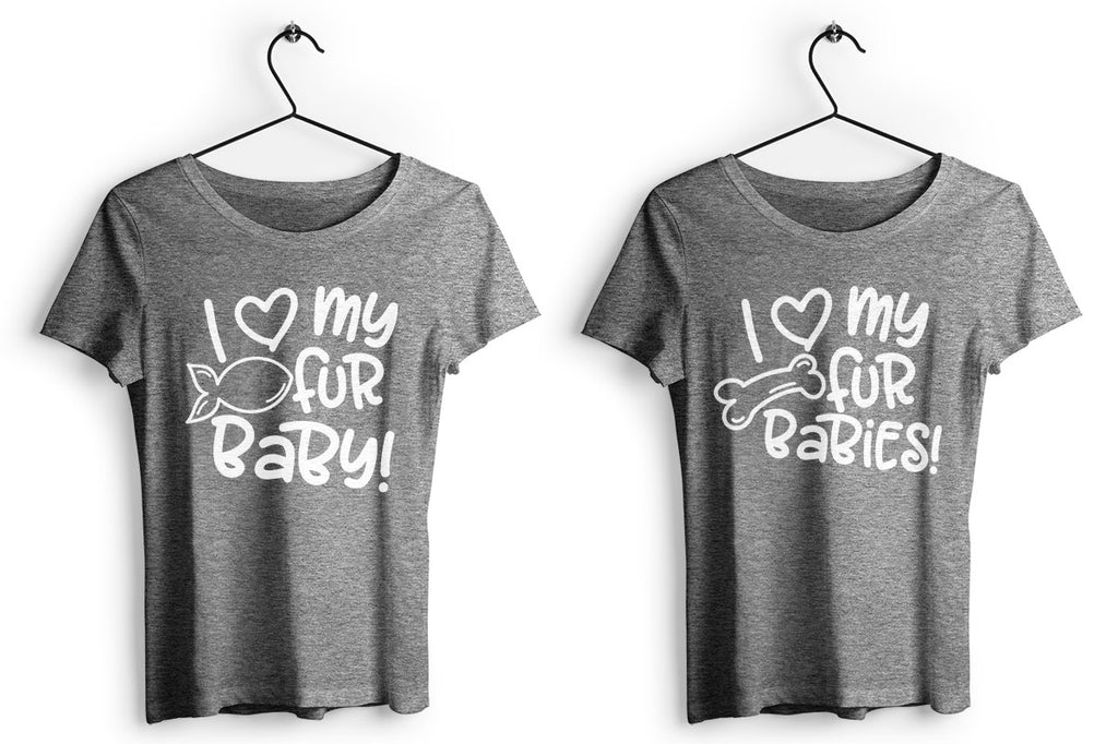 Women's grey t shirts with the dog and cat versions of the I Love My Fur Baby svg files in white