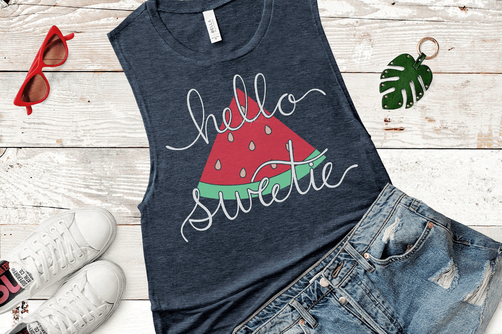 Summer tank top with the Hello Sweetie Watermelon SVG DXF EPS PNG Cut Files | Free for Personal Use