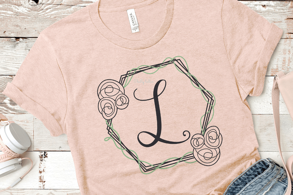 Women's t-shirt with an added initial and the Hexagon Flower Frame SVG DXF EPS PNG Cut Files | Free for Personal Use