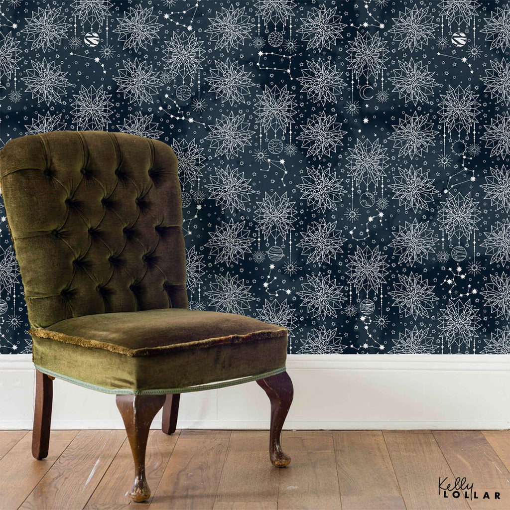 Sample Wallpaper Using the Interstellar Zodiac Surface Pattern in Navy by Kelly Lollar