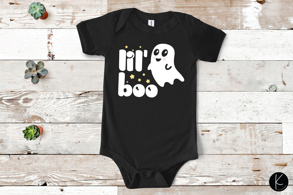 Lil' Boo Halloween Shirt Design on a Baby Bodysuit | SVG DXF EPS PNG Cut Files | Free for Personal Use