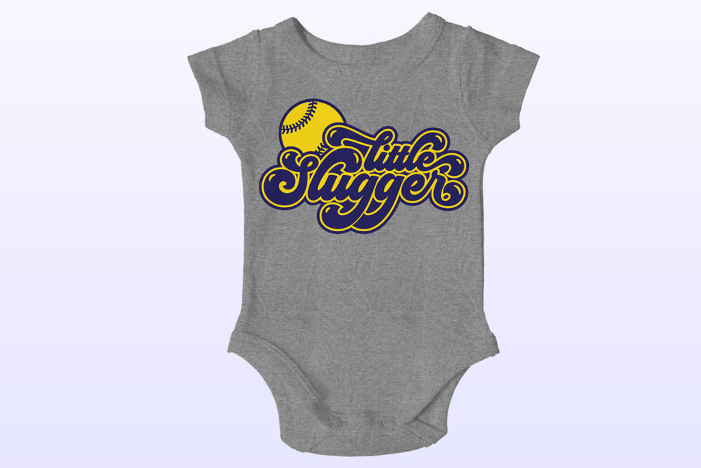 Little Slugger Baseball and Softball Cut File on a baby bodysuit | SVG DXF EPS PNG