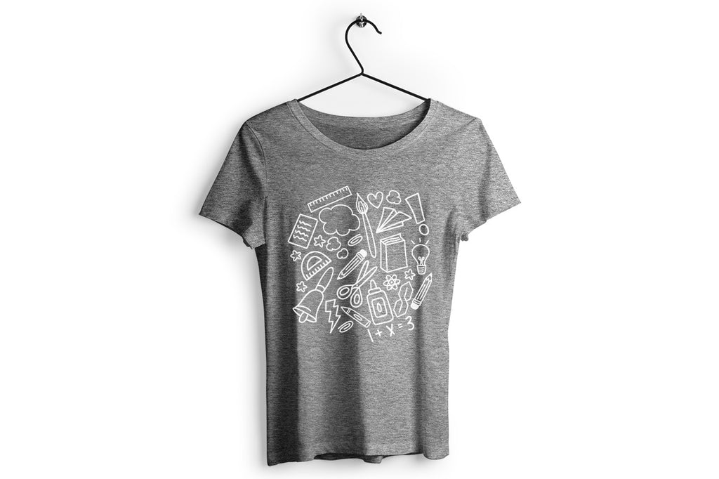 Women's grey shirt with the School Doodle Cloud svg cut file in white