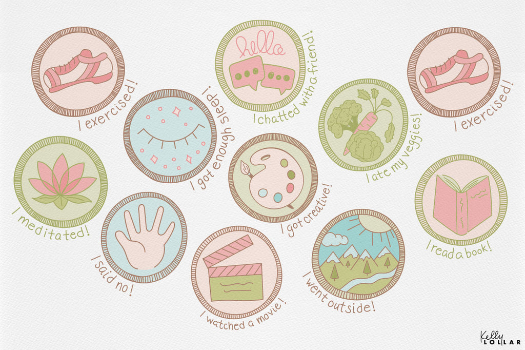 Self Care Badges Surface Pattern Elements by Kelly Lollar 
