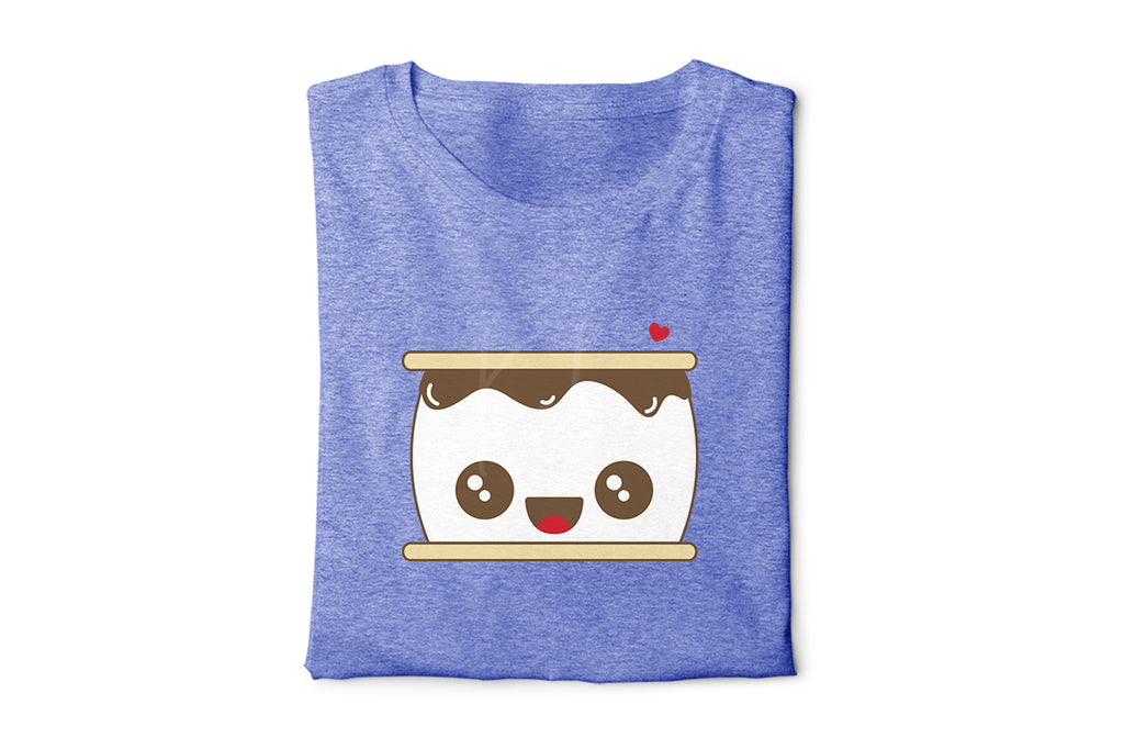 Heather blue t-shirt with the S'more svg in tan, brown, white and red