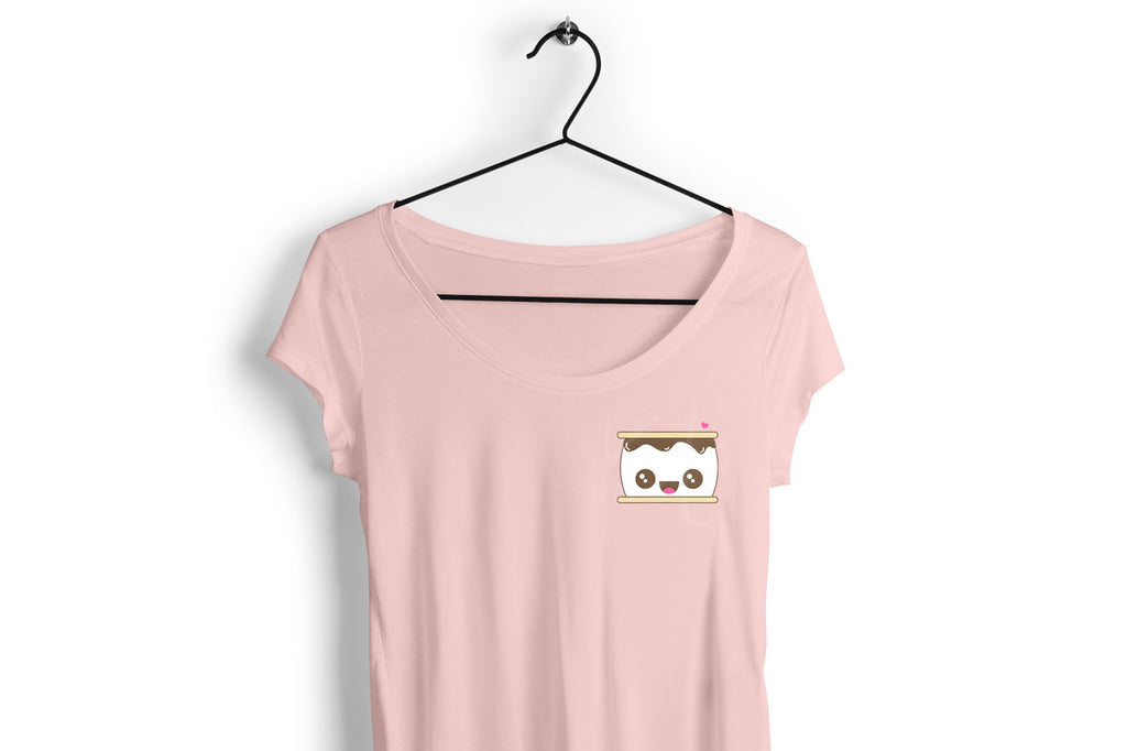 Women's pink wide neck tee with the S'more svg cut file in tan, brown, white and pink