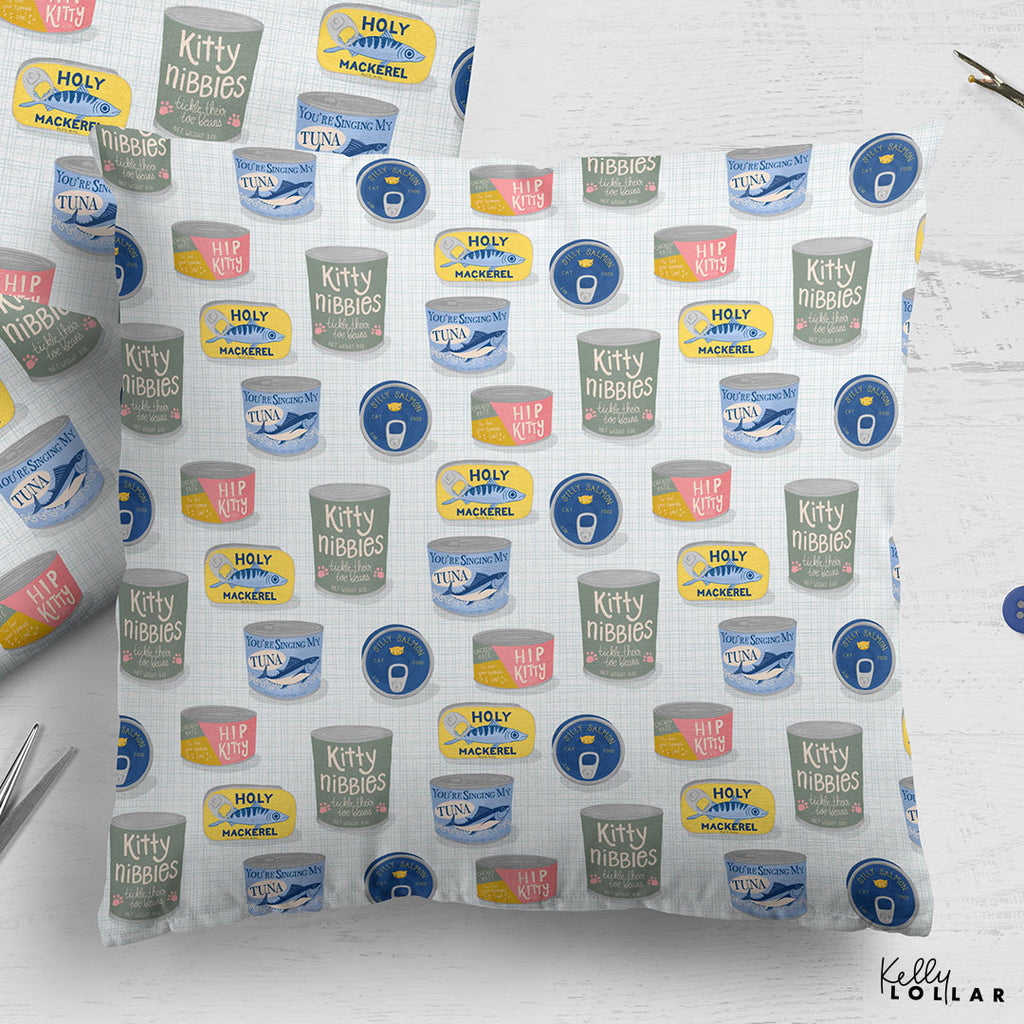 Sample Throw Pillow Cover Using the Vintage Cat Food Tins Surface Pattern Design by Kelly Lollar 