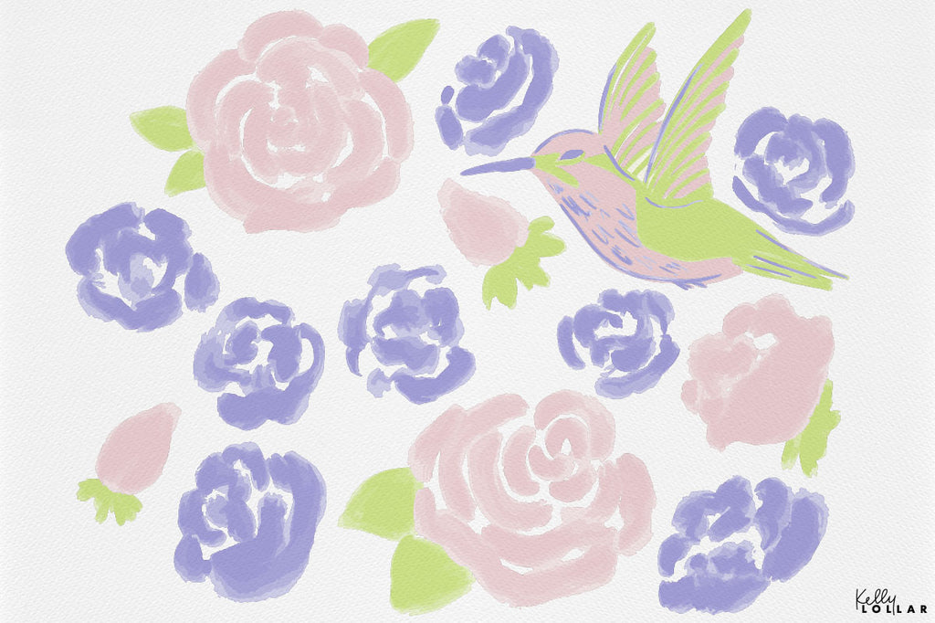 Painterly Hummingbird Surface Pattern Design Elements by Kelly Lollar 