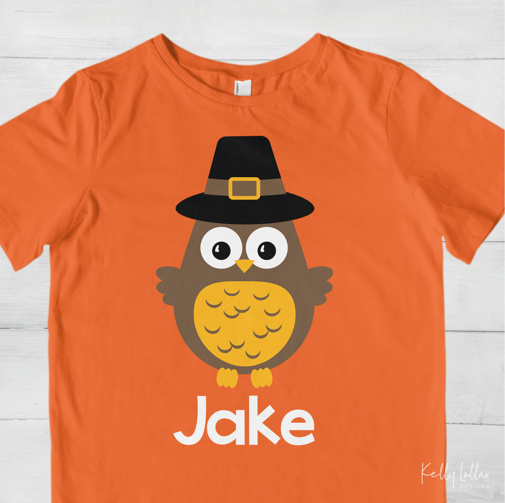 Thanksgiving toddler shirt made with the boy pilgrim owl svg cut file and added name