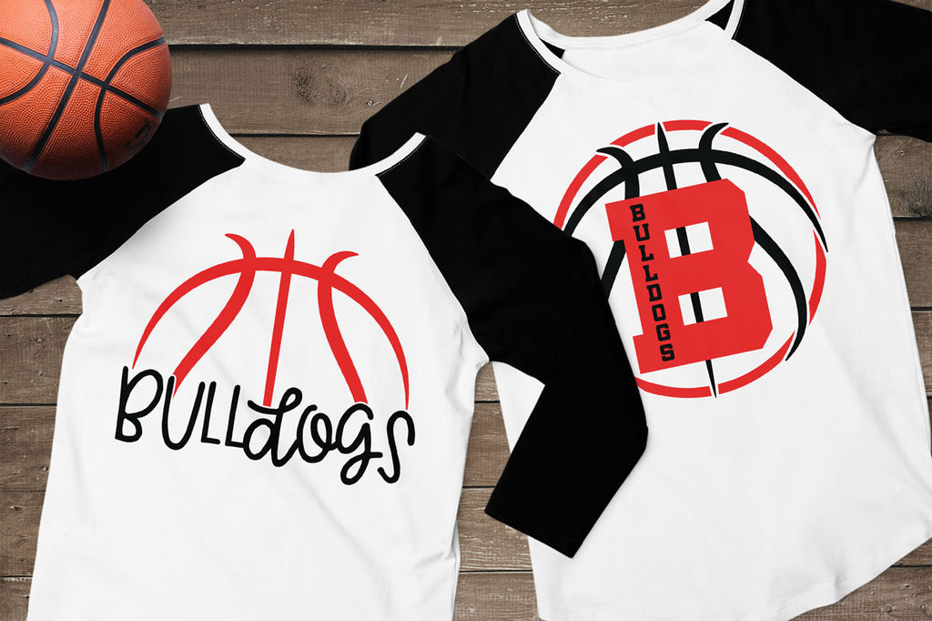 Women's shirts using the whole basketball from the Team Basketball svg cut file set with and without the optional border