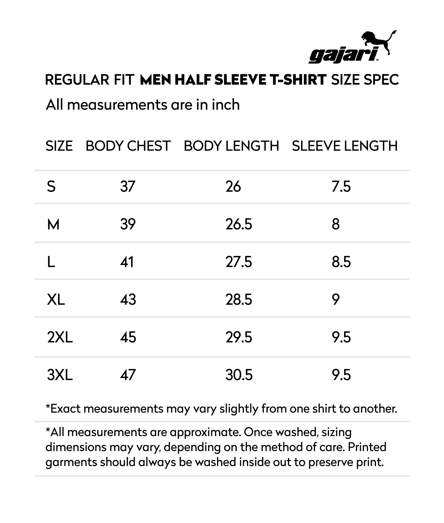 Warrior Shirt Size Chart