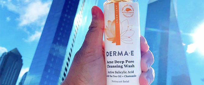 Close up of Derma E Acne Cleanser in the city