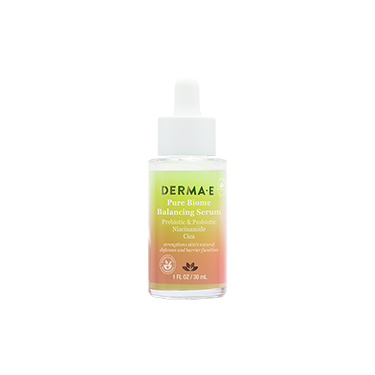 Glass dropper bottle of DERMA E's Pure Biome Balancing Serum with probiotics 