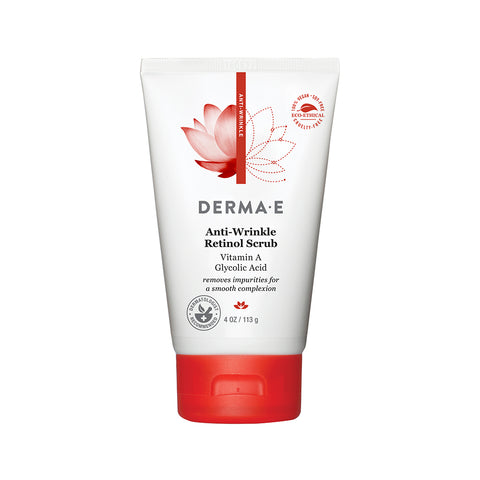 White and red bottle of DERMA E's anti-wrinkle retinol facial scrub.