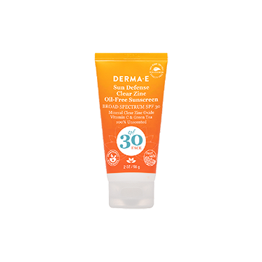 Orange tube of DERMA E's Sun Defense Clear Zinc Oil-Free Sunscreen SPF30 for the face