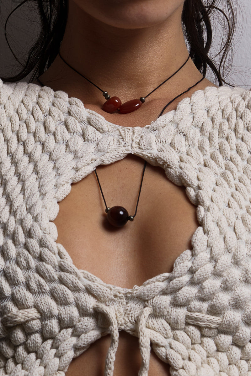 Double Red Agate Necklace necklace Bagatiba close up on model with knit top