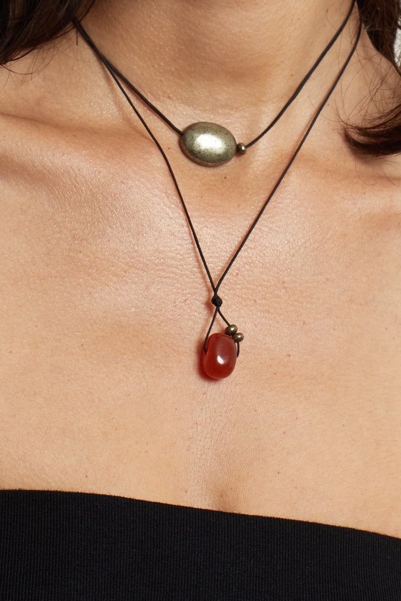 Red Agate Drop Necklace necklace close up on skin wearing pyrite and red agate