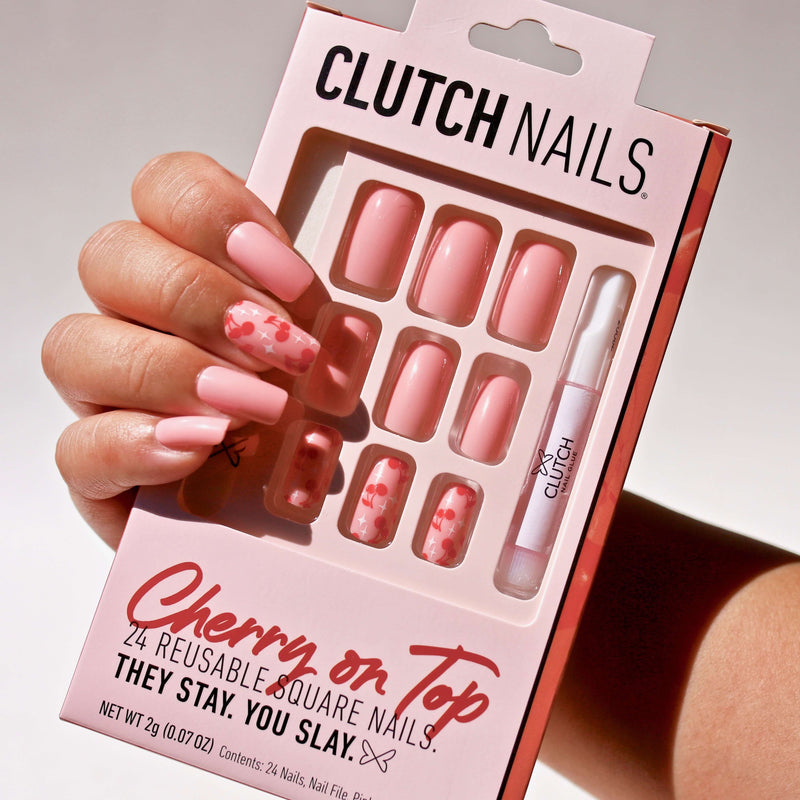 Cherry On Top Press On Nails Long Pink Square Nails Clutch Nails