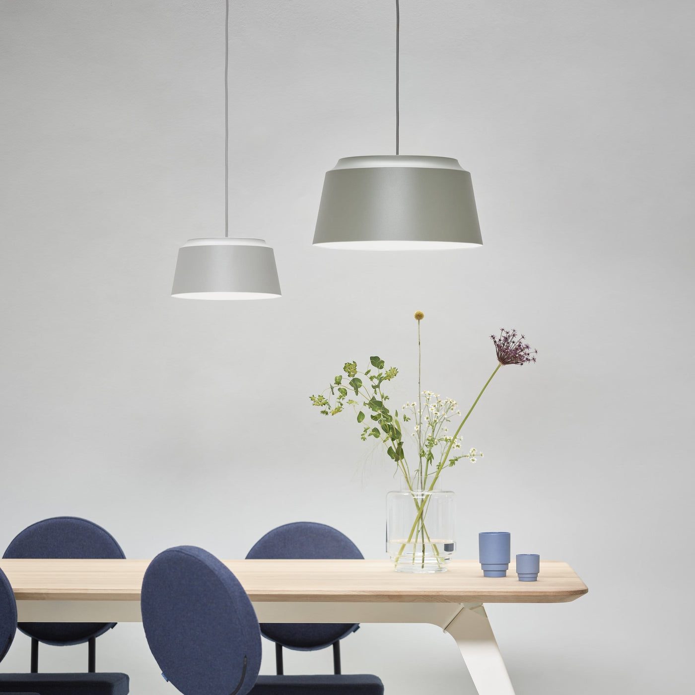 puik groove pendant small and large used as a cluster over the puik fold table, all available from someday designs . #colour_grey