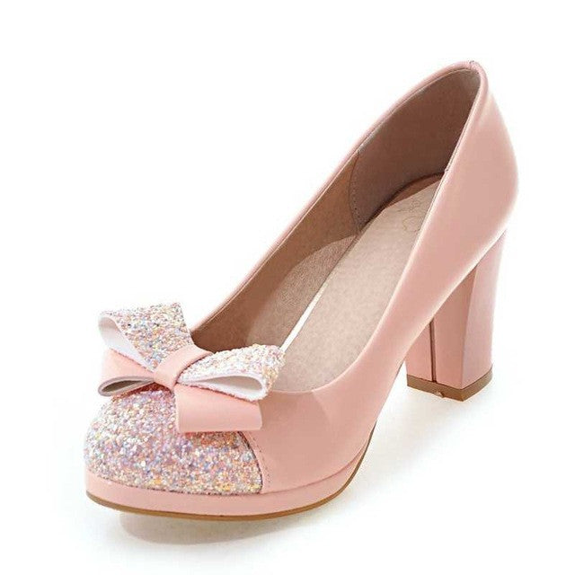 Ladies Bowtie Retro Square High Heel Wedding Shoes. – frolyz