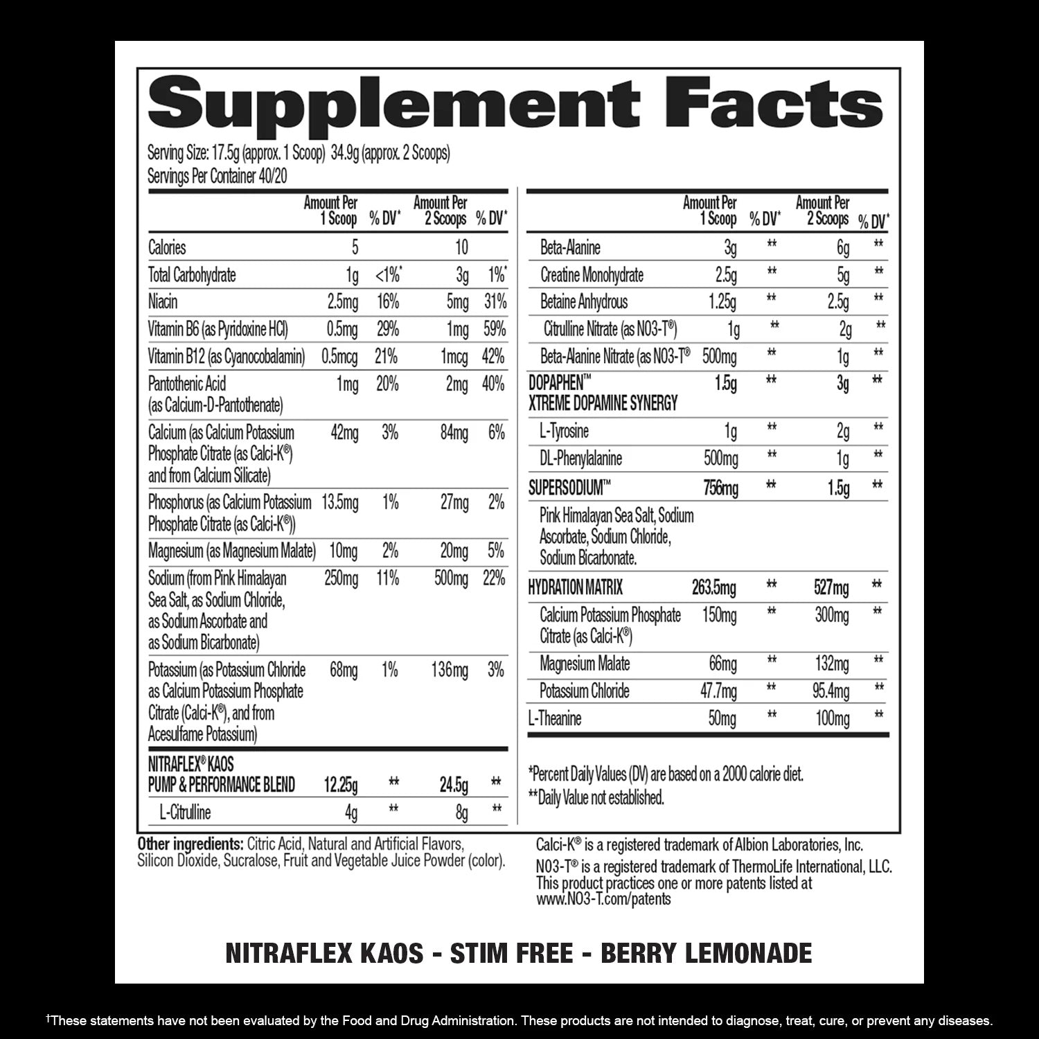 NITRAFLEX KAOS Stim Free Supplement Facts