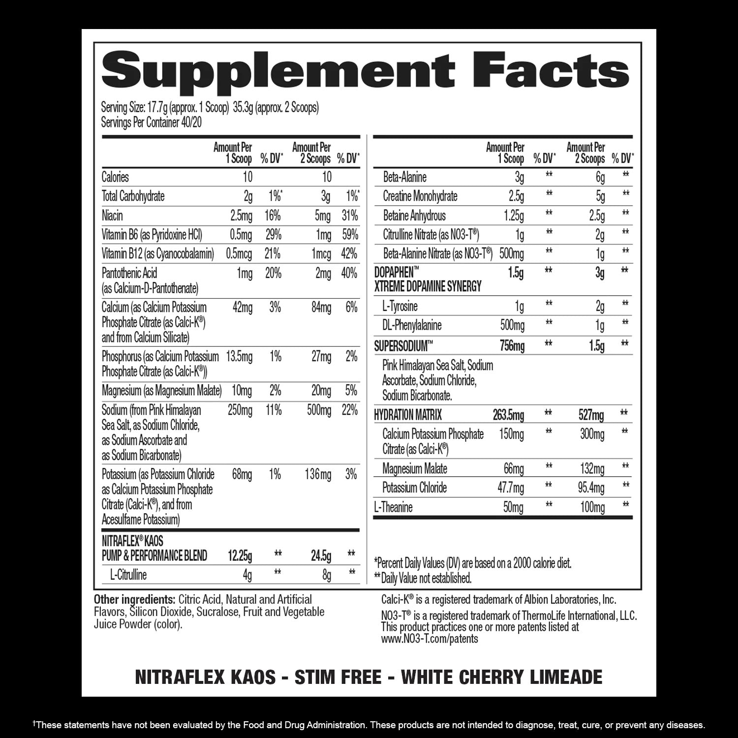 NITRAFLEX KAOS Stim Free Supplement Facts