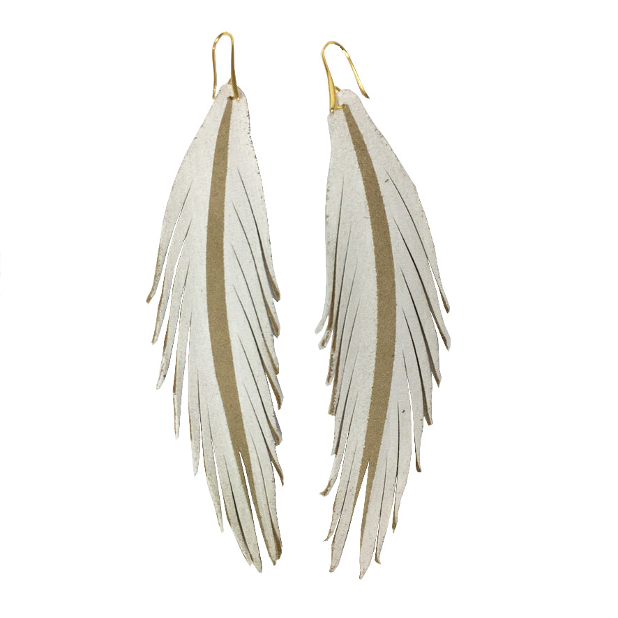 Long Feather Leather Earrings - Painted Light Brown Suede