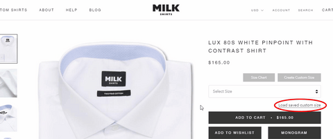 Animation of How to Load a saved Custom Men's Dress Shirt Size on MILK Shirts Website