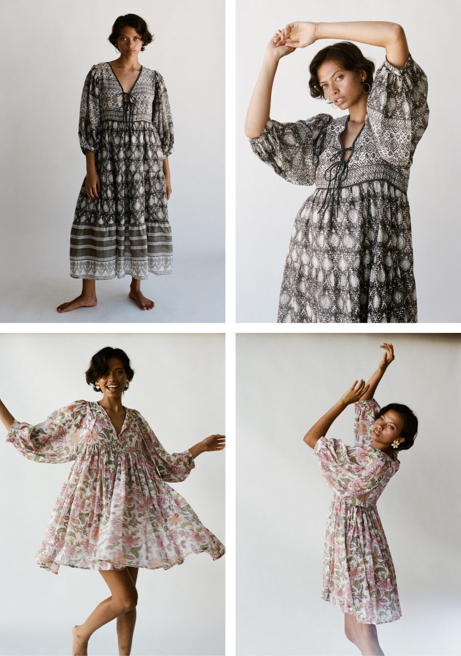 Nauvoo wears the Jasmine Midi Dress in Charcoal and the Kyra Mini Dress in Fuchsia Bloom